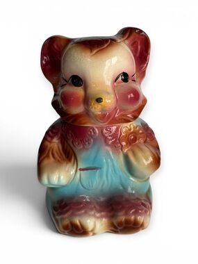 Vintage American Bisque Teddy Bear Cookie Jar 1940s – Baby Bear Blue Rompers